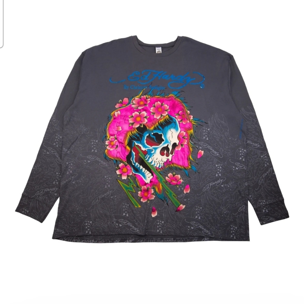Ed Hardy Black and Pink Skull Long Sleeve Tee